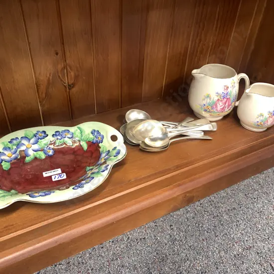 Maling Oval Dish, Silver Spoons & Two Arthur Woods Jugs