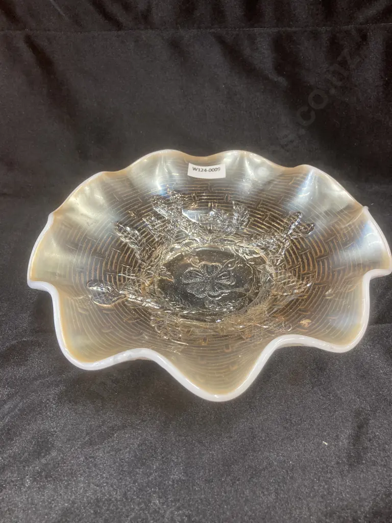 Antique Apple Blossom Twigs White Carnival Glass Herringbone Bowl by Dugan, Dia22cm Image 1++