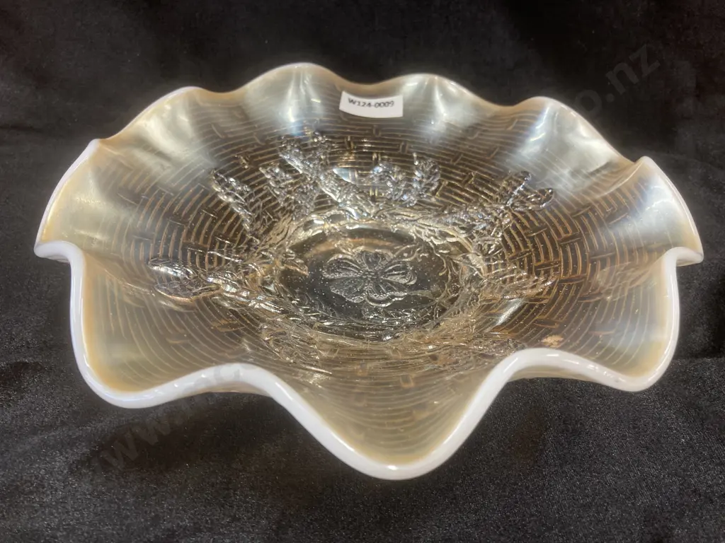 Antique Apple Blossom Twigs White Carnival Glass Herringbone Bowl by Dugan, Dia22cm Image 1++