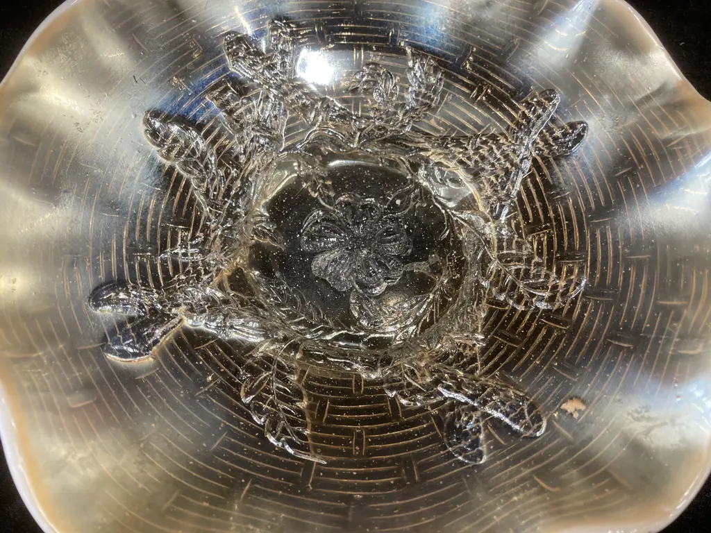 Antique Apple Blossom Twigs White Carnival Glass Herringbone Bowl by Dugan, Dia22cm Image 1++