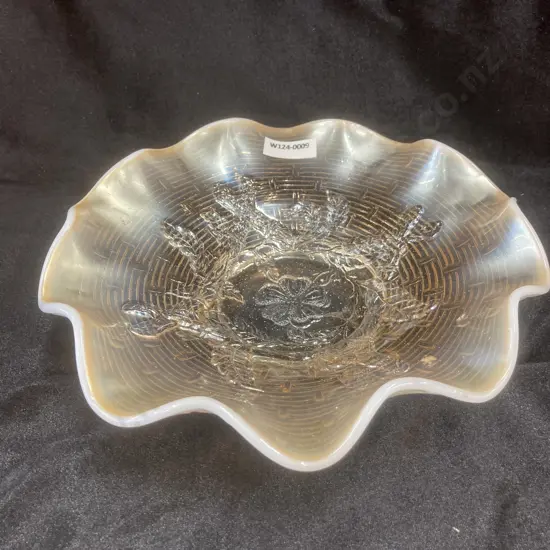 Antique Apple Blossom Twigs White Carnival Glass Herringbone Bowl by Dugan, Dia22cm