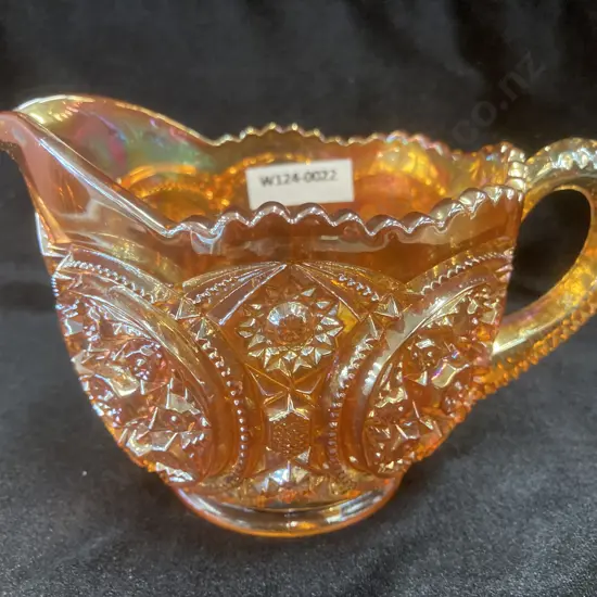Antique Imperial Glass Marigold Carnival Glass Snow Fancy Creamer, 10 x 16cm