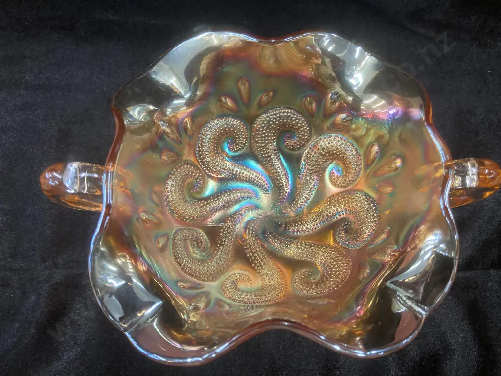 Antique Dugan Question Marks Marigold Carnival Glass Two Handled Footed Bon Bon Dish, H10cm Image 1++