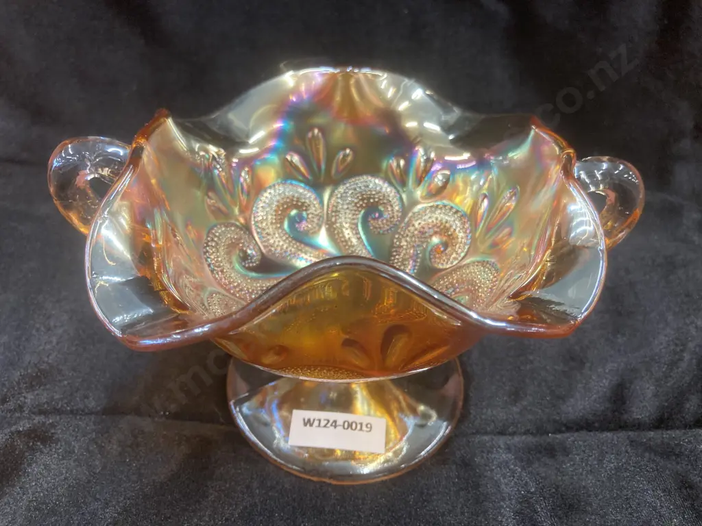 Antique Dugan Question Marks Marigold Carnival Glass Two Handled Footed Bon Bon Dish, H10cm Image 1++
