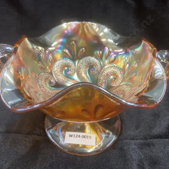 Antique Dugan Question Marks Marigold Carnival Glass Two Handled Footed Bon Bon Dish, H10cm