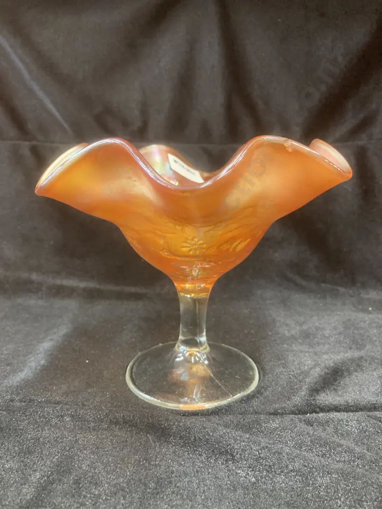 RARE Antique Millersburg Carnival Glass Marigold Peacock Variant Ruffled Footed Candy Dish, 13 x 17cm Image 1++