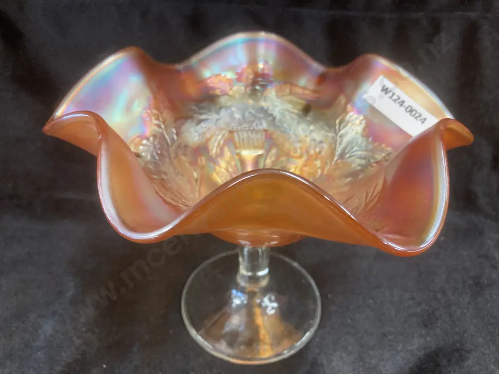 RARE Antique Millersburg Carnival Glass Marigold Peacock Variant Ruffled Footed Candy Dish, 13 x 17cm Image 1++