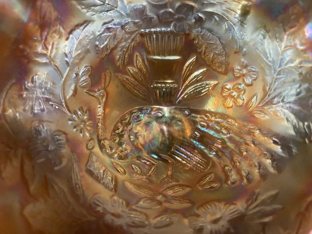 RARE Antique Millersburg Carnival Glass Marigold Peacock Variant Ruffled Footed Candy Dish, 13 x 17cm Image 1++