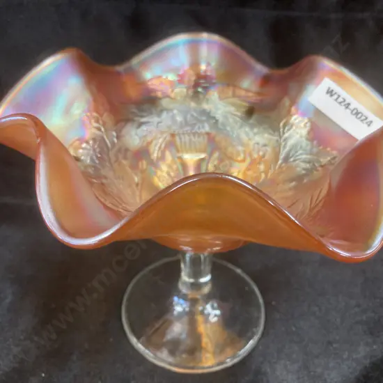 RARE Antique Millersburg Carnival Glass Marigold Peacock Variant Ruffled Footed Candy Dish, 13 x 17cm