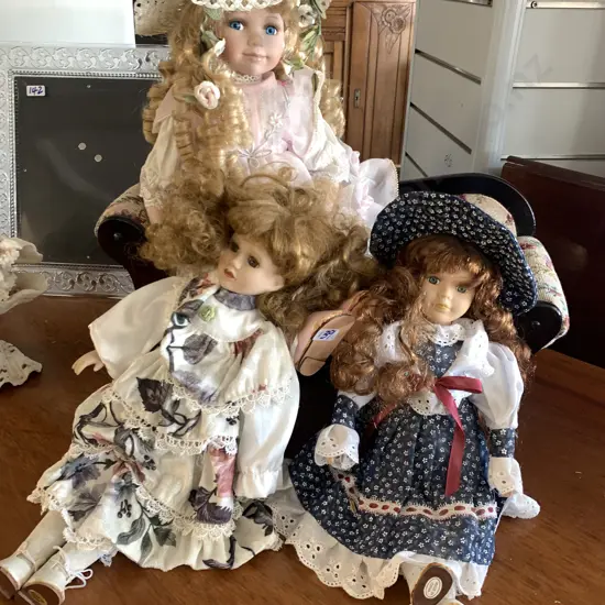 Porcelain Dolls x 3 Assorted With Dolls Fabric Chaise Lounge, L45cm