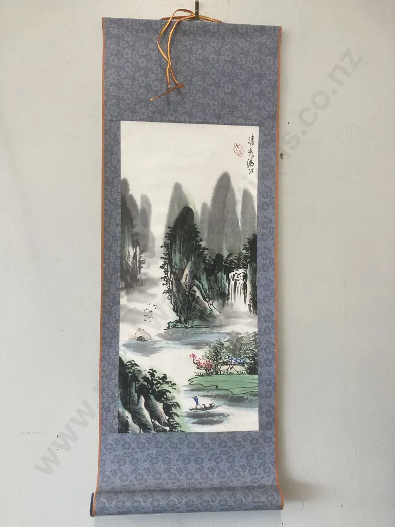 Original Vintage Signed Japanese Painting Hanging Scroll, Landscape, Original Box, 71 x 27cm Image 1++