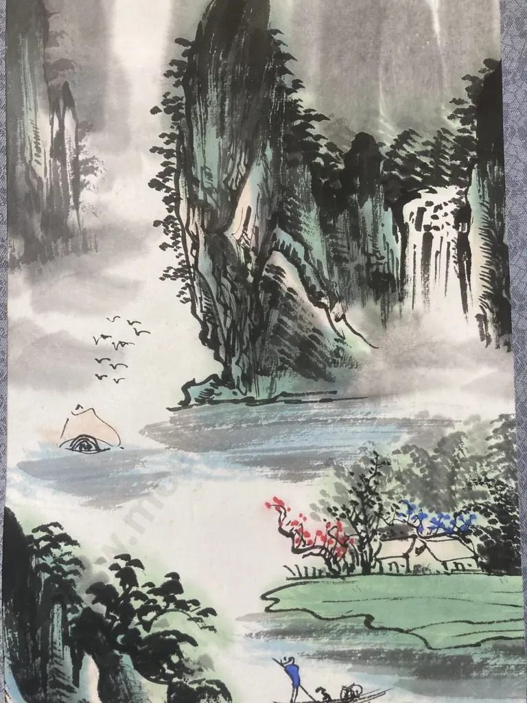 Original Vintage Signed Japanese Painting Hanging Scroll, Landscape, Original Box, 71 x 27cm Image 1++