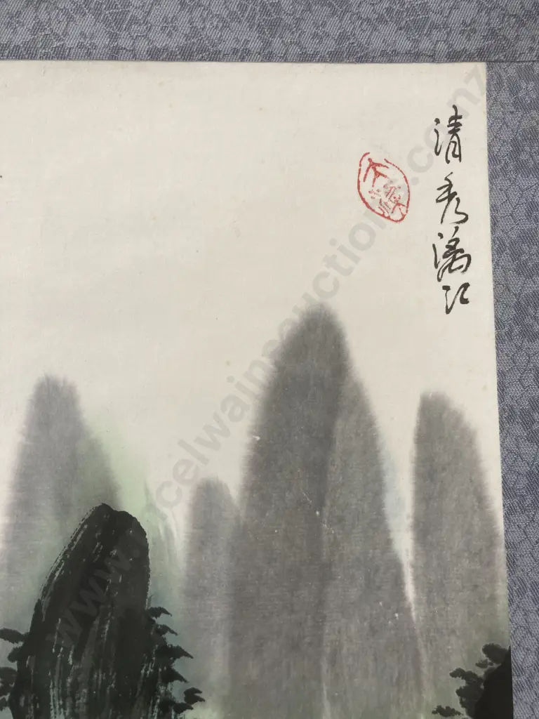 Original Vintage Signed Japanese Painting Hanging Scroll, Landscape, Original Box, 71 x 27cm Image 1++