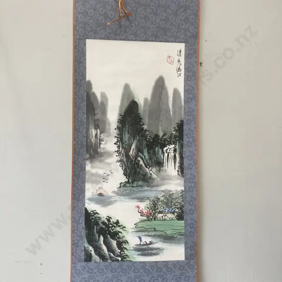 Original Vintage Signed Japanese Painting Hanging Scroll, Landscape, Original Box, 71 x 27cm