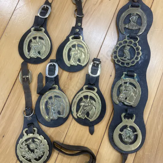 Selection Of Nine Horse Brasses On Six Leather Martingales
