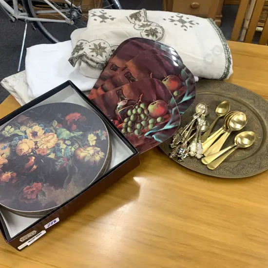 Set of Six Lady Clare Place Mats With Vintage Oval Place Mats, Round Brass Platter & Cutlery