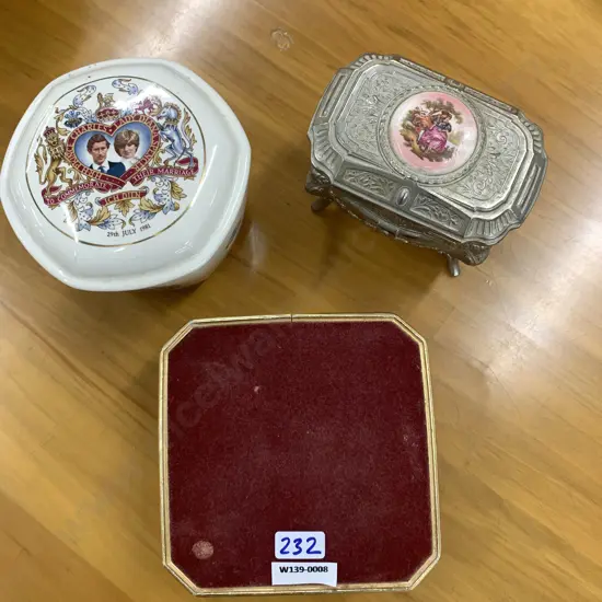 Vintage Lidded Crown Lynn Dish, Lady Diana & Prince Charles, Square Burgundy / Gold & Italian Musical Jewellery Boxes