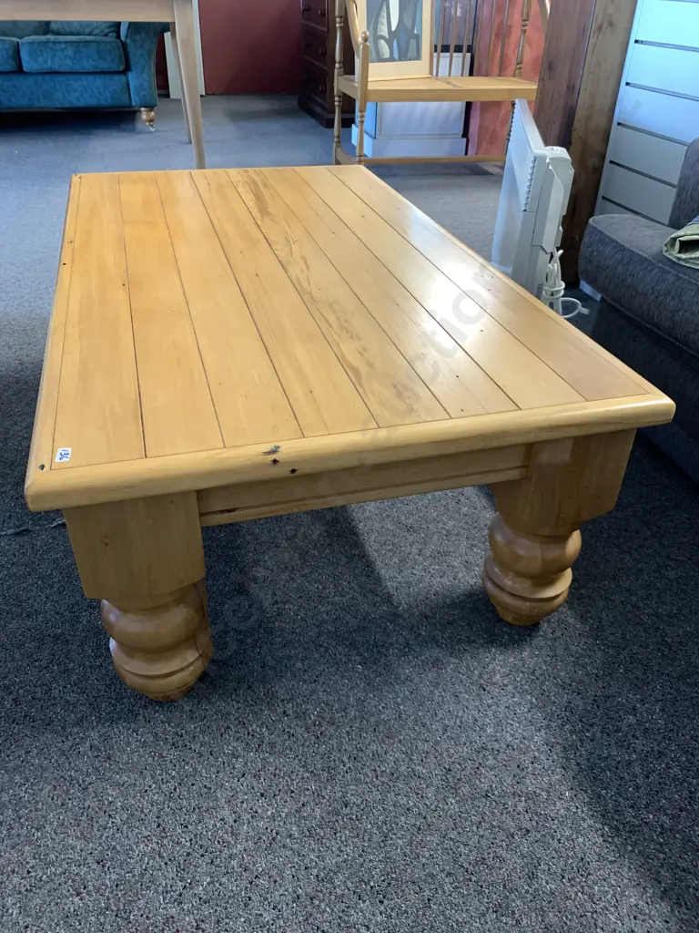 Rimu Tongue & Groove Topped Rectangular Coffee Table, Heavy Turned Legs, H42 L129 W72cm Image 1++