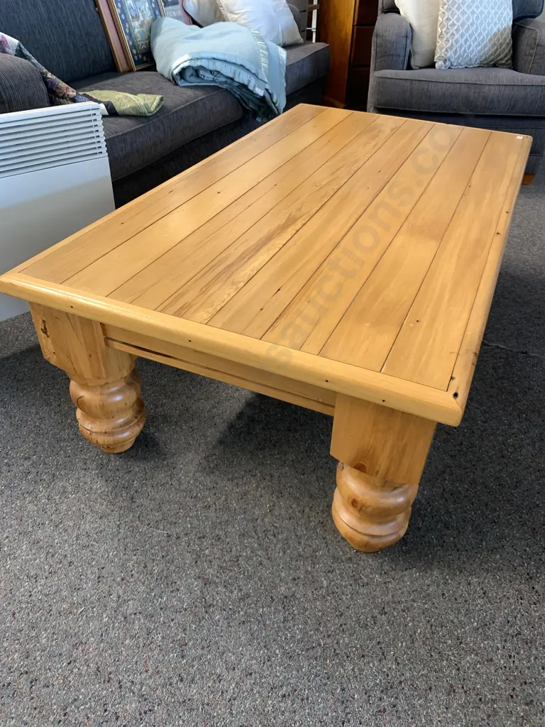 Rimu Tongue & Groove Topped Rectangular Coffee Table, Heavy Turned Legs, H42 L129 W72cm Image 1++
