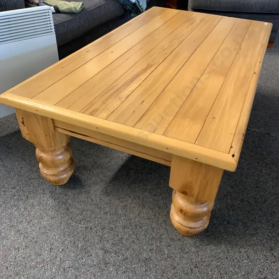 Rimu Tongue & Groove Topped Rectangular Coffee Table, Heavy Turned Legs, H42 L129 W72cm