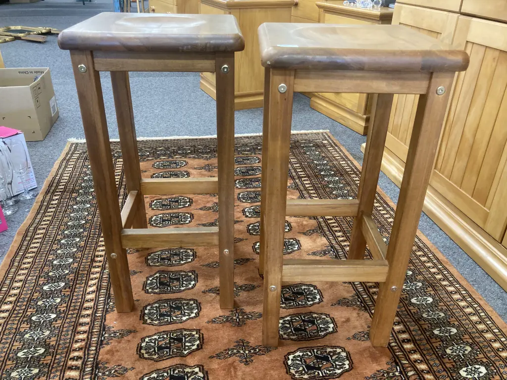 Pair of Square Rimu Barstools With Circular Indent In Seat, H67cm Image 1++