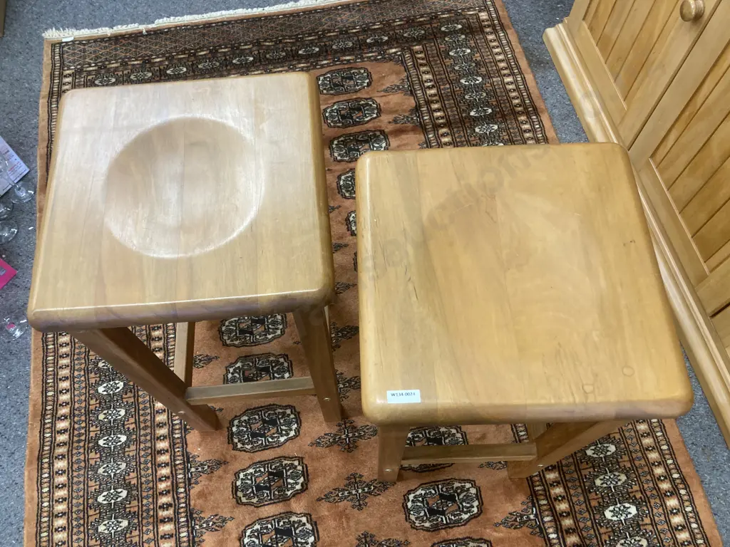 Pair of Square Rimu Barstools With Circular Indent In Seat, H67cm Image 1++