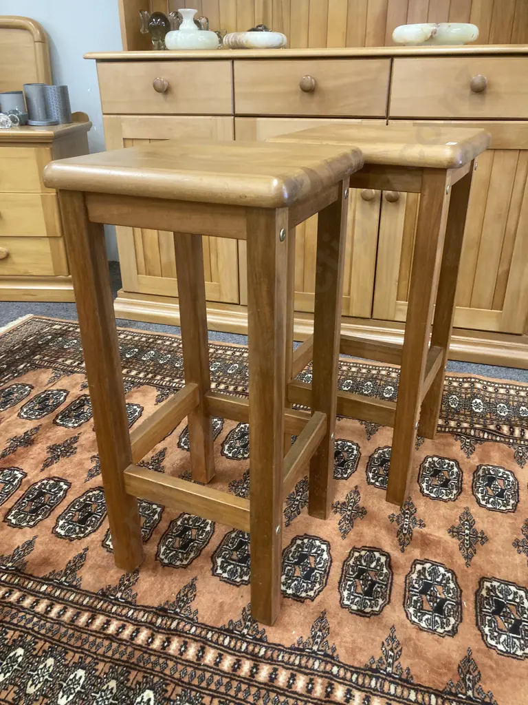 Pair of Square Rimu Barstools With Circular Indent In Seat, H67cm Image 1++