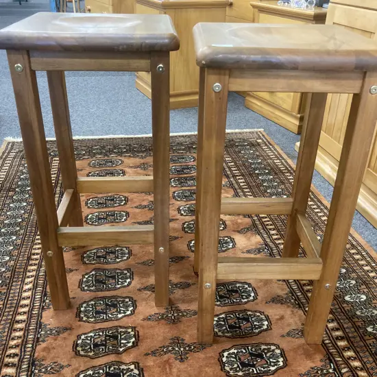 Pair of Square Rimu Barstools With Circular Indent In Seat, H67cm