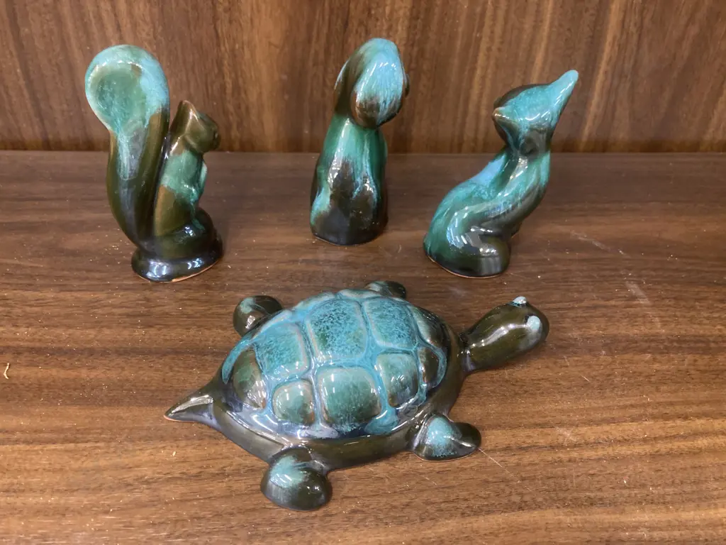 Vintage Blue Mountain Pottery Blue Green Drip Glaze Squirrel, Turtle, Fox, Dog, 8 to 13cm  Image 1++
