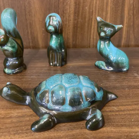 Vintage Blue Mountain Pottery Blue Green Drip Glaze Squirrel, Turtle, Fox, Dog, 8 to 13cm 