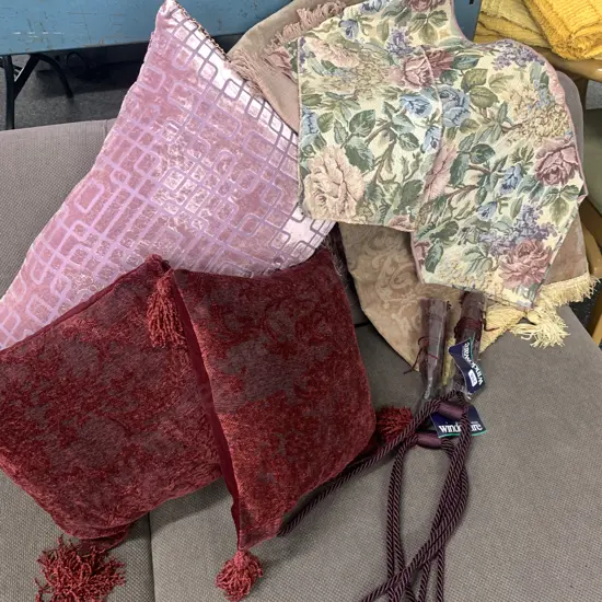 Selection of Linen Including Rectangular & Square Cushions, Throws, Curtain Tie Backs Etc