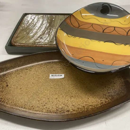 Petra Ceramics Platter, Pottery Brown Flecked Platter With 'The Gum Leaf Collection' Rectangular Stand