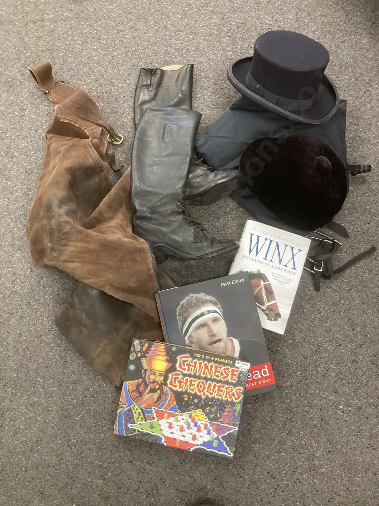 Selection of Riding Gear, Chaps, Boots, Hats Etc With Winx & Kieran Read Books & Chinese Checkers Game Image 1++