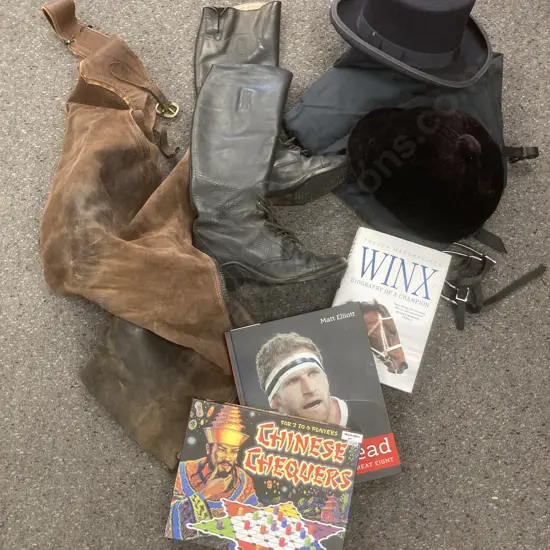 Selection of Riding Gear, Chaps, Boots, Hats Etc With Winx & Kieran Read Books & Chinese Checkers Game