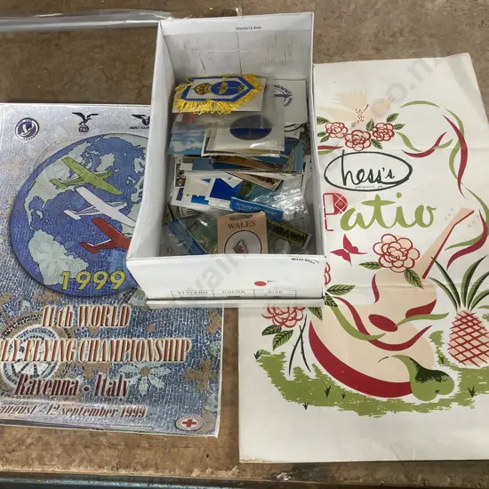 Box Lot Postcards, Flying Memorabilia, Lapel Pins, Vintage Ness's Patio Allentown P.A. Large Menu
