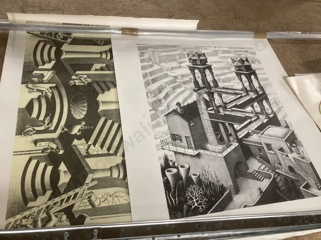 Pair of Prints by M.C. Escher Titled 'Waterfall - Cascade' & 'Concave - Convex' Image 1++