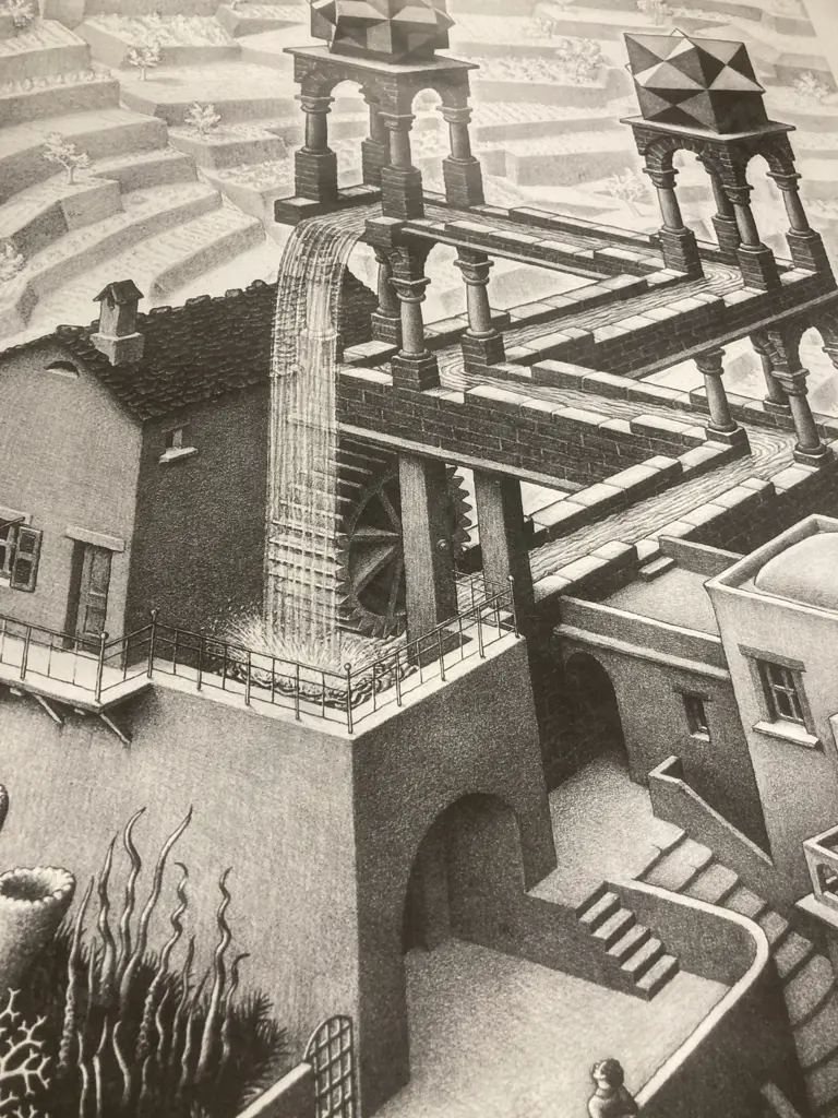 Pair of Prints by M.C. Escher Titled 'Waterfall - Cascade' & 'Concave - Convex' Image 1++