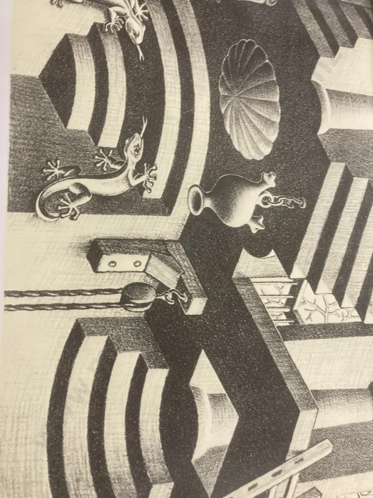Pair of Prints by M.C. Escher Titled 'Waterfall - Cascade' & 'Concave - Convex' Image 1++
