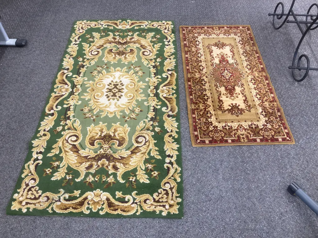 Floor Rugs, Green & Gold Floral Design 175 x 92cm & Red & Gold Floor Rug 126 x 65cm Image 1++