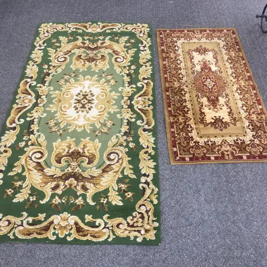 Floor Rugs, Green & Gold Floral Design 175 x 92cm & Red & Gold Floor Rug 126 x 65cm