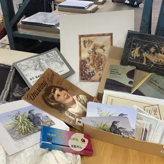 Vintage Drawing In Charcoal With Charles La Salle, Box Lot Paper Tole Items, Sketchbook, Pictures  Etc