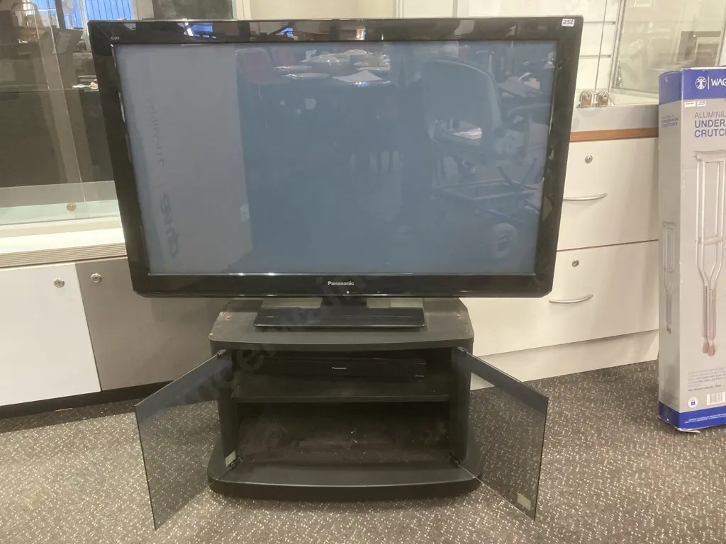 Panasonic 42" TV Model TH-P42X30Z, Freeview Built In, With Remote & Black Double Glass Door TV Cabinet Image 1++