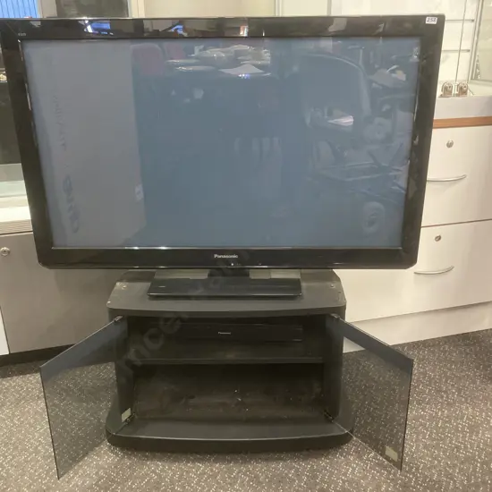 Panasonic 42" TV Model TH-P42X30Z, Freeview Built In, With Remote & Black Double Glass Door TV Cabinet