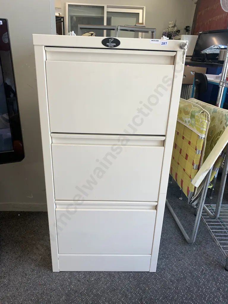 Cream Colour Precision Metro 3 Drawer Metal Filing Cabinet With Key Image 1++