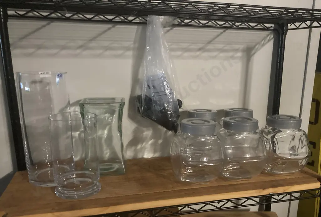 Clear Glass Vases x 3, H20 to 30cm & 5 Lidded Glass Canisters Image 1++