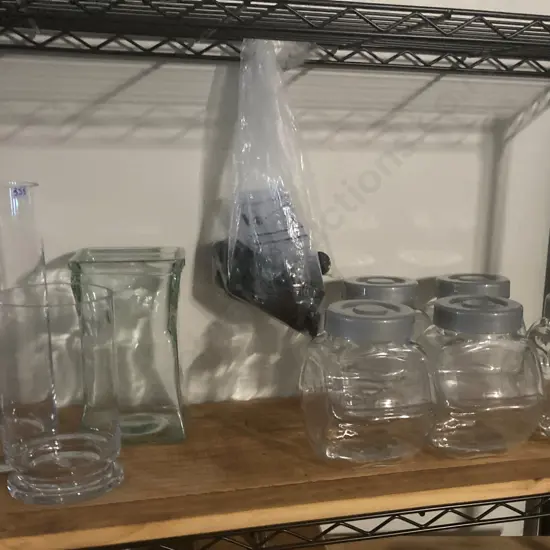 Clear Glass Vases x 3, H20 to 30cm & 5 Lidded Glass Canisters