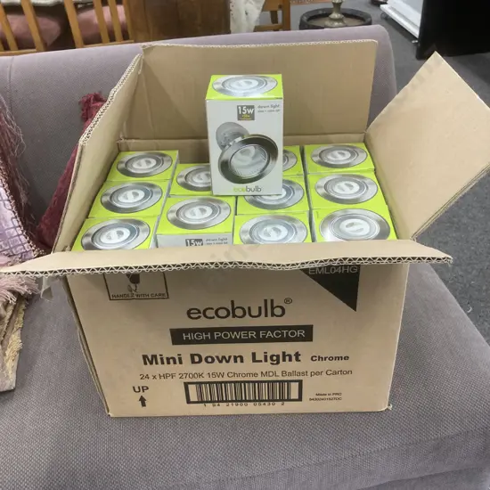 Box Lot 24 x HBF 2700K Ecobulb 15W Chrome MDL Ballast Mini Down Lights (New)