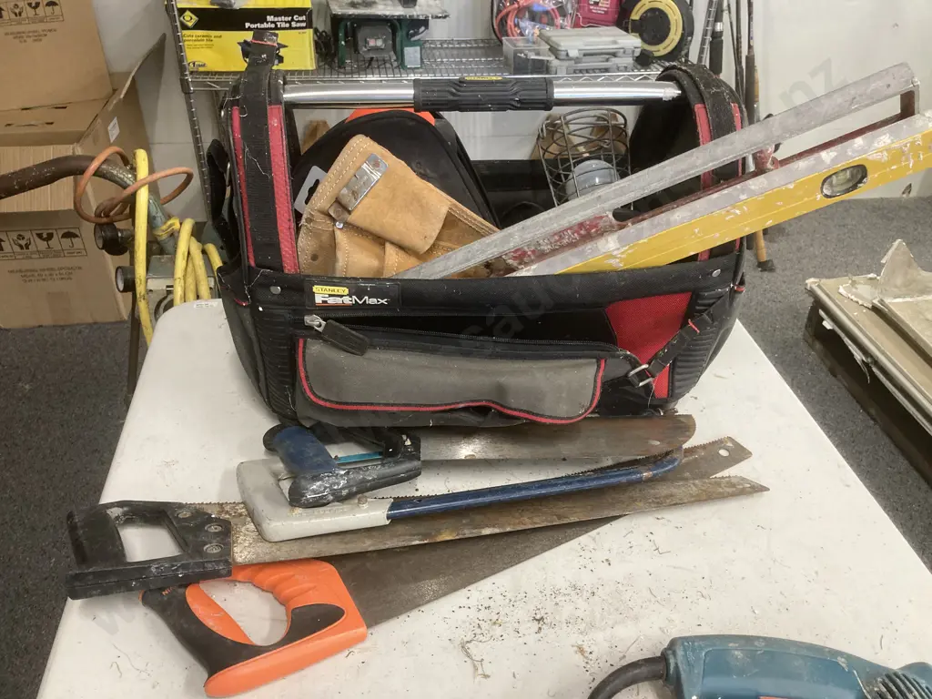 Stanley Fatmax Toolbag, Assorted Saws, Builders Apron, Rabone Level, Worklight, B&D Laser (Damaged) Image 1++