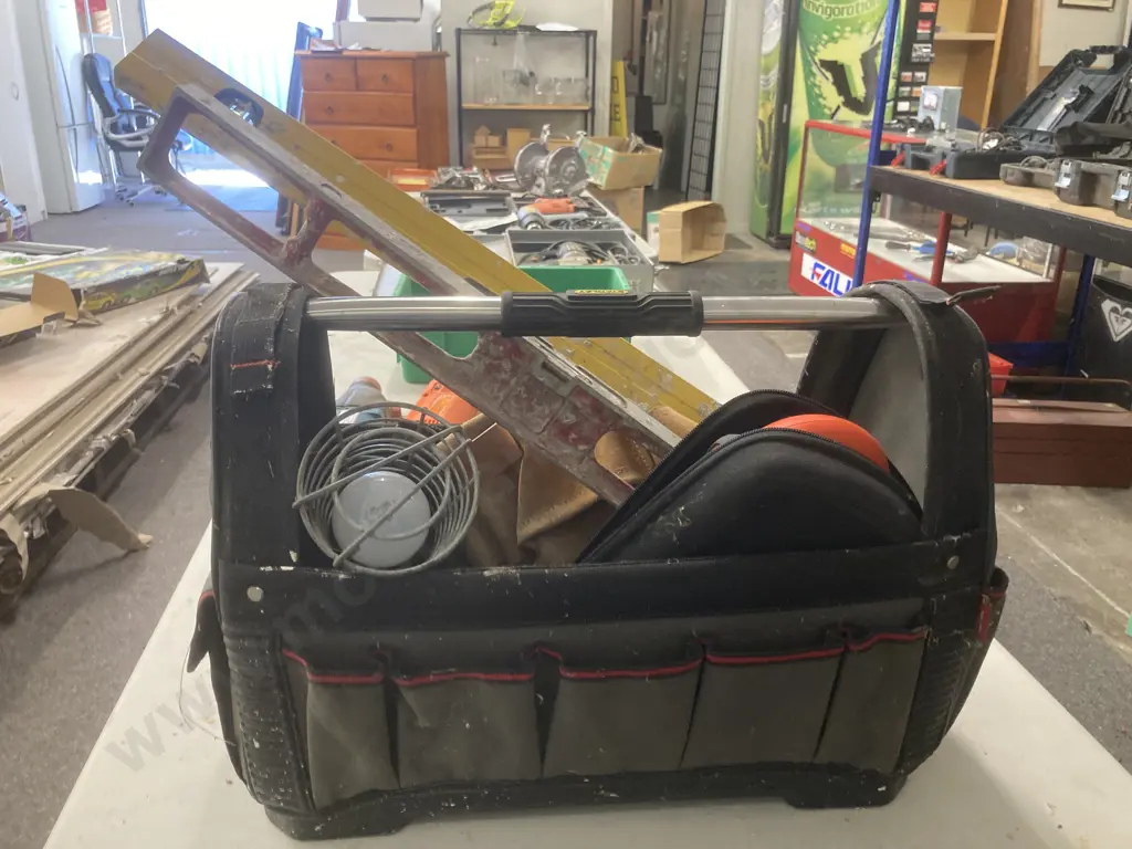 Stanley Fatmax Toolbag, Assorted Saws, Builders Apron, Rabone Level, Worklight, B&D Laser (Damaged) Image 1++