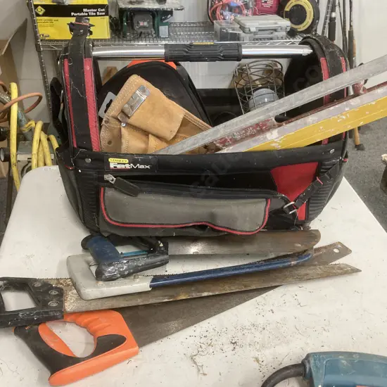 Stanley Fatmax Toolbag, Assorted Saws, Builders Apron, Rabone Level, Worklight, B&D Laser (Damaged)